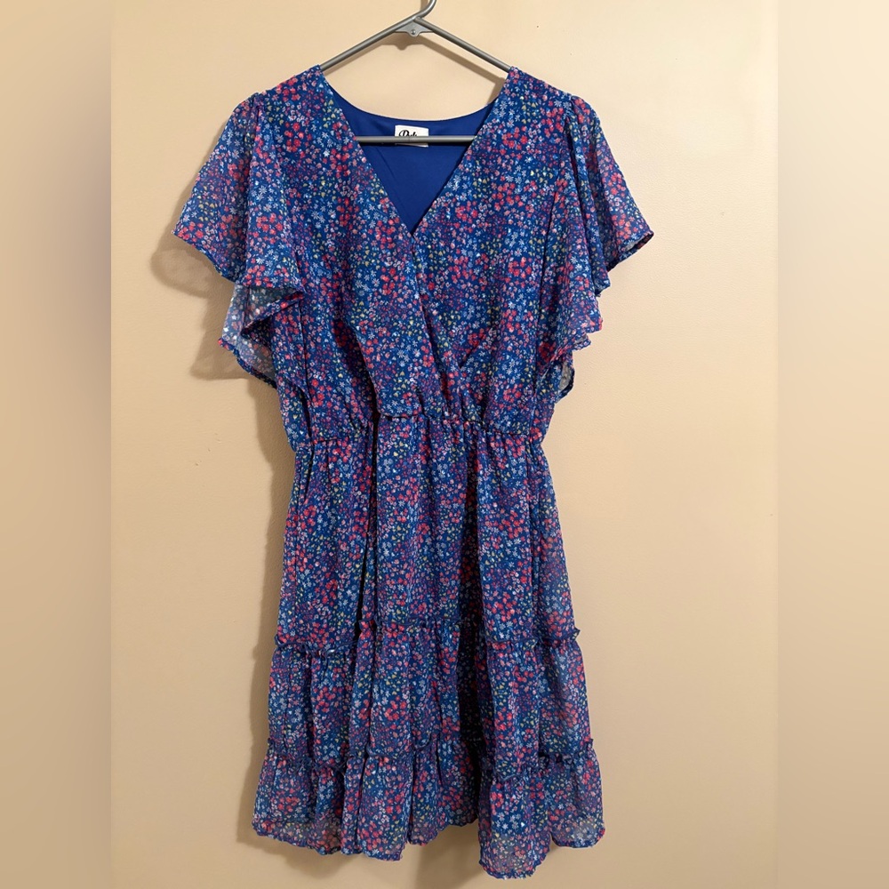 Pulse Blue Multicolor Floral Ruffle Wrap Dress
